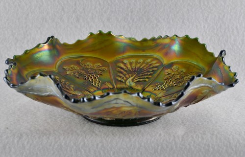 Fenton Peacock & Grape Carnival Glass Green Crimped Edge Bowl (9" Dia) - Picture 6 of 6