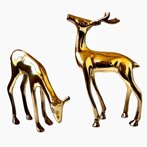 Solid Brass Deer Reindeer Figurines Set of 2 Doe 4” Buck 6” Shiny - Picture 13 of 13