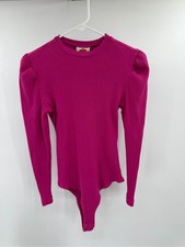 Farm Rio Pink Ribbed Puff Shoulder Bodysuit Size Medium Cotton
