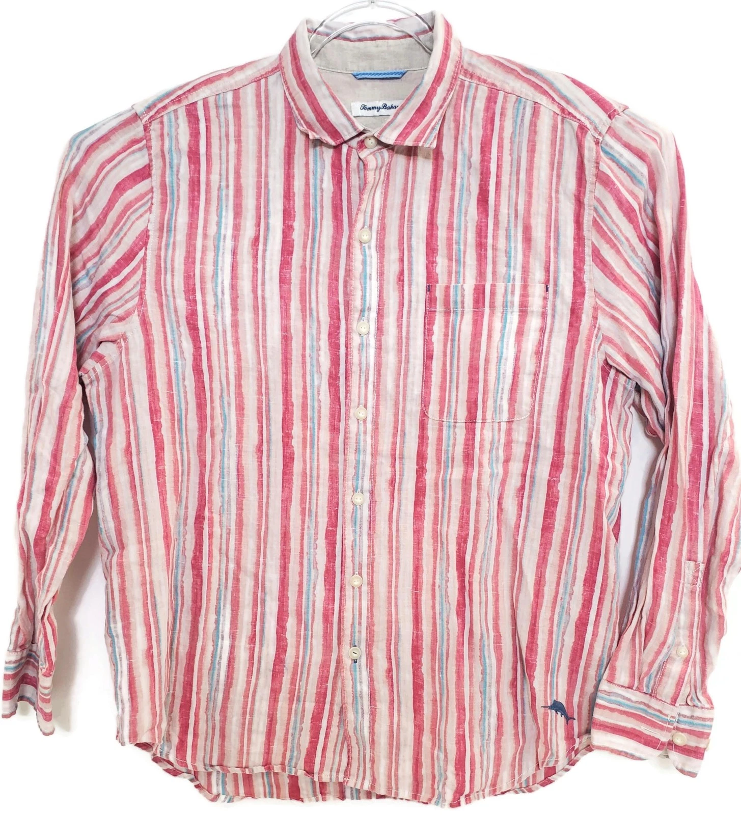 Tommy Bahama Shirt Mens Small Pink Red Stripe 100% Linen Button Down Long Sleeve
