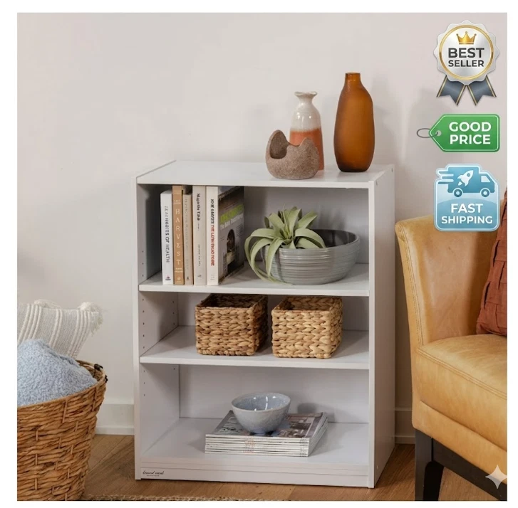 3-Shelf Bookcase Adjustable Shelves White Storage Organizer Display