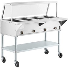 4 Pan Electric Steam Table w/ Angled Sneeze Guard & Casters 208/240V 3000W