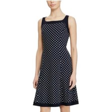 Chaps Ralph Lauren Dress Polka Dot M Medium Blue White Stretch A Line Washable