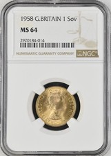 1958 Great Britain Elizabeth II Gold Sovereign MS64 Graded By NGC