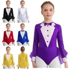 Kids Girls Leotard Jazz Bodysuit Dance Dancewear Long Sleeve Color Block Ballet