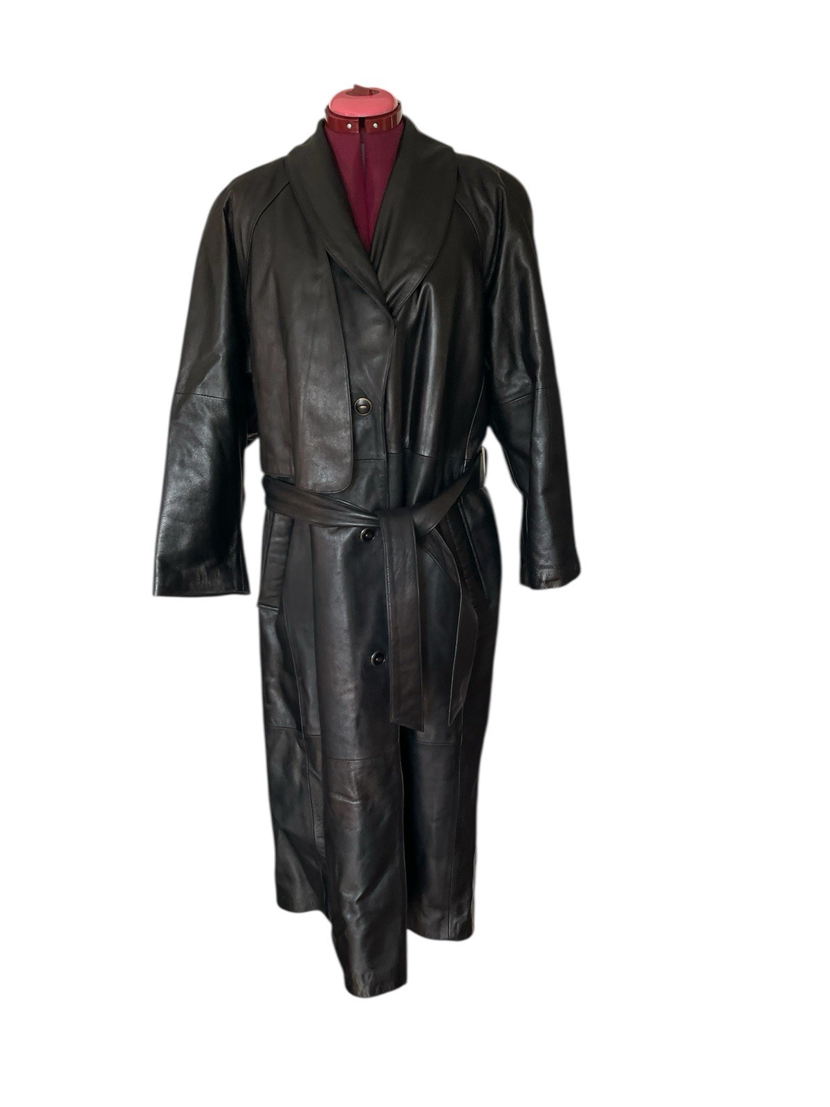 Vtg Nina Ricci Paris Leather Fur Collar Trench Long Glam Coat USA Sz XL