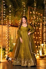 New Latest Green Crunchy Silk Gown Bottom With Dupatta For Festival  Party Wear