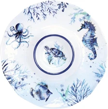 Indigo Sea Life Melamine Chip and Dip Serving Tray, Round Serving Platter, 13.5"