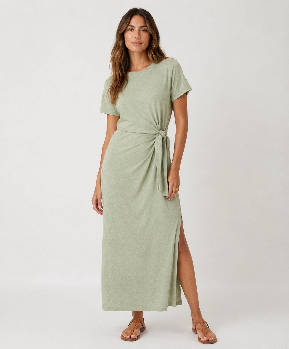 Nation LTD Lavi Tied T-Shirt Dress Sage Green Coastal Minimalist Womens Large
