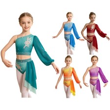 Girls Dancewear With Skirt Outfit Figure Skating Set Gradient Color Stage Latin