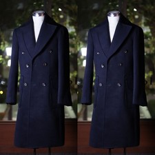 Cashmere Men's Long Wool Overcoat Double Breasted Winter Navy Men Long Jacket