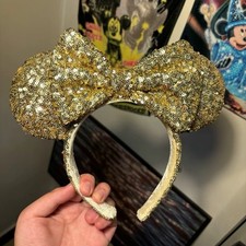 Disney Parks Anniversary Minnie Mouse Ears Gold Sequins Bow Headband 2023