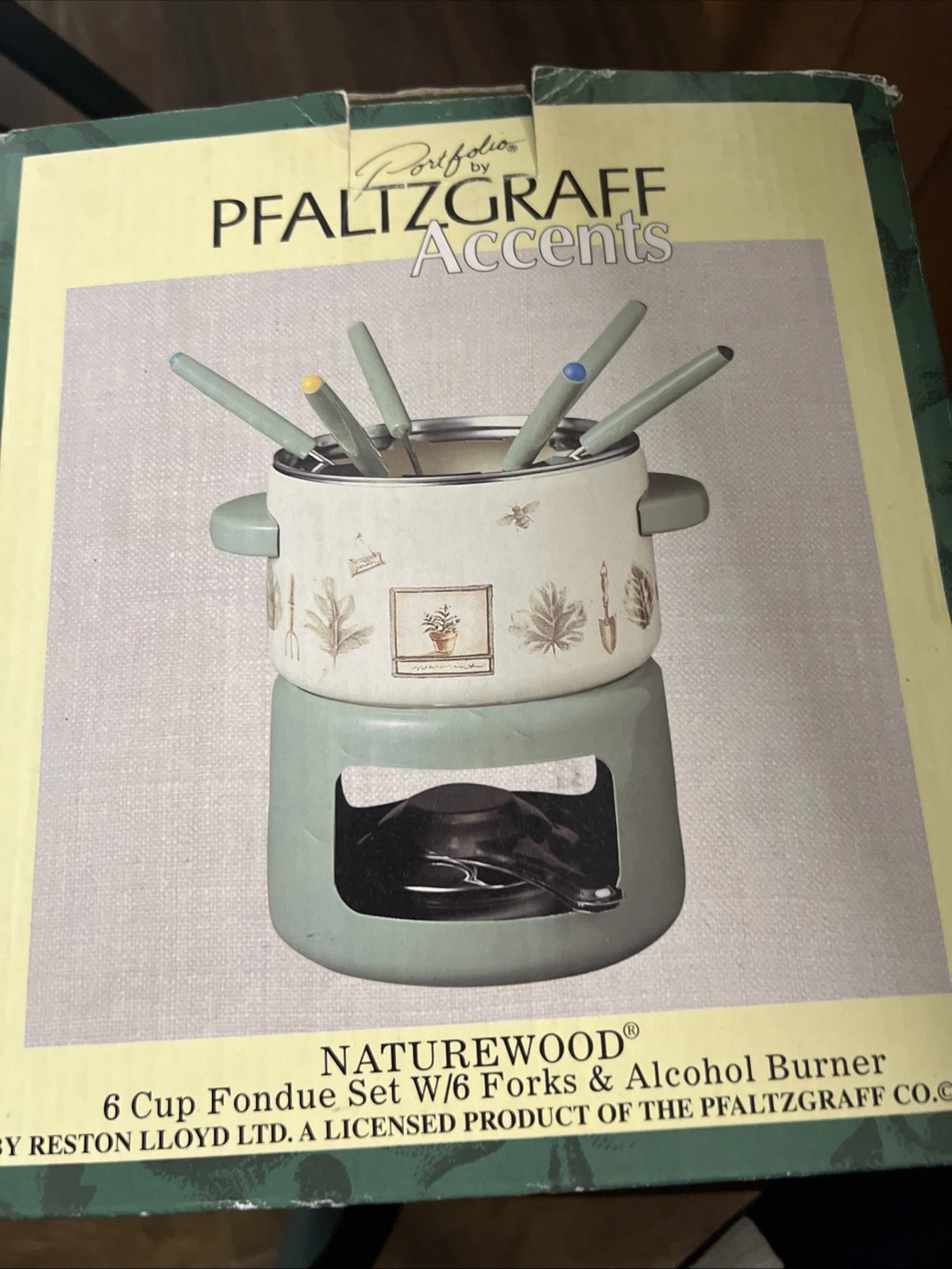 Rare find Pfaltzgraff Naturewood 6 Cups Fondue Set W/ 6 Forks & Alcohol Burner