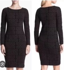 Alice + Olivia Woman's Sz L Nadia Blue & Black Greek Key 100% Merino Wool Dress