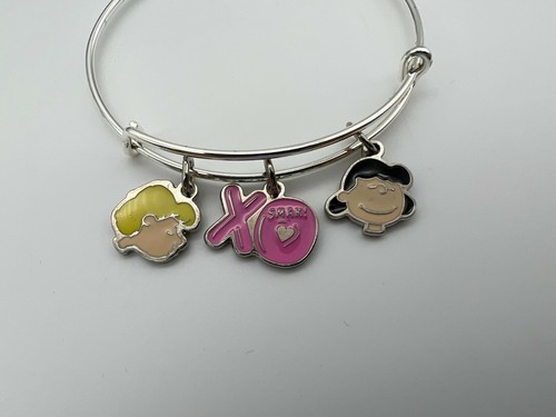 NEW Alex and Ani PEANUTS XO Smak Trio Charm Bangle Bracelet Shiny Silver - Picture 5 of 9