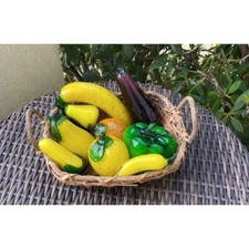 Vintage 9-piece lot of Murano style glass fruit and vegetables in basket