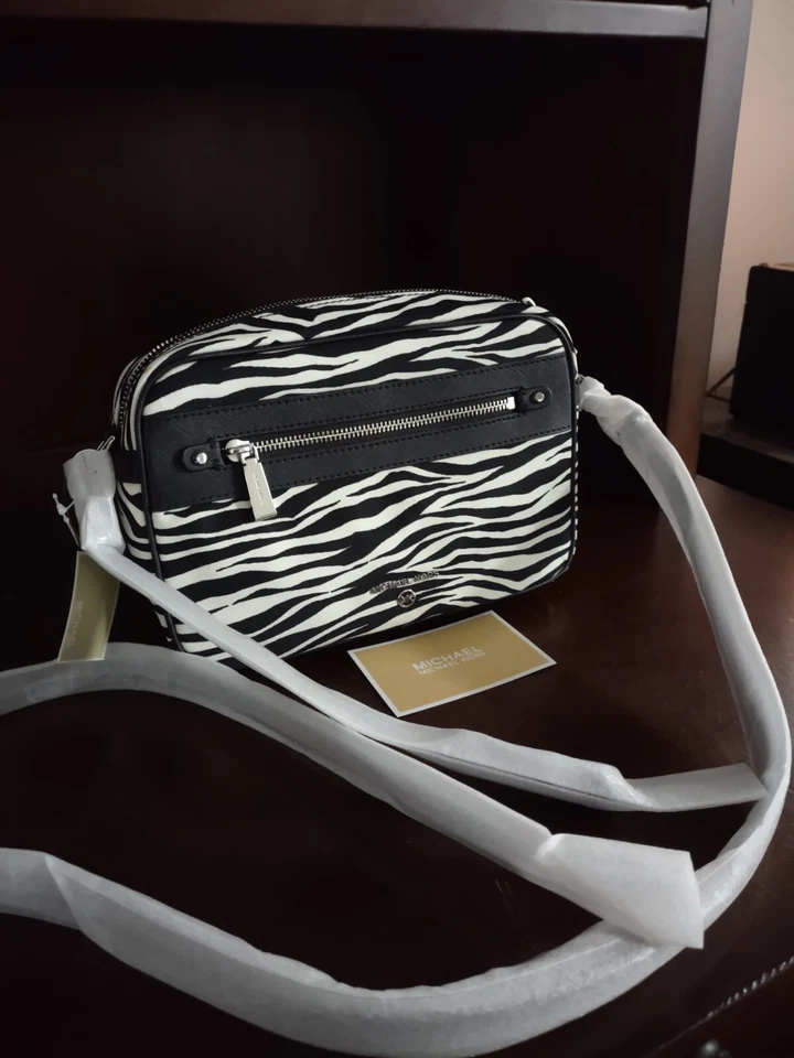 Michael Kors Black/White Zebra Print Jet Set Charm East West Crossbody NWT