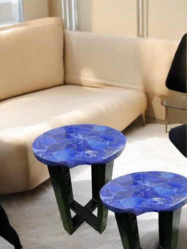 12" Set of 2 Pair Lapis Lazuli Stone Sofa Side Coffee Table Luxury Random Decors - Picture 1 of 11