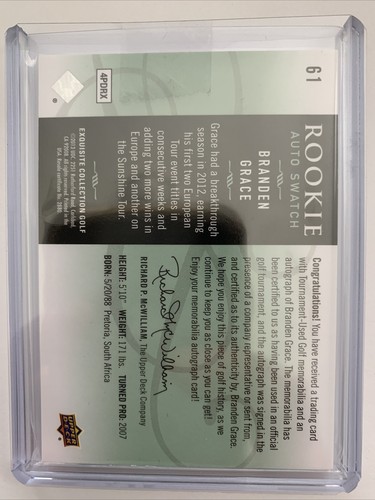 2014 Upper Deck Exquisite Branden Grace Rookie RC Patch Auto PGA Golf 123/175 - Picture 4 of 4