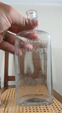 PRETTY SQUARE GUARANTEED FULL 1/2 PINT ANTIQUE HIP SIDE FLASK CRUDE NECK