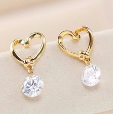 Cute New Yellow Gold Plated Heart w/Dangling Clear White CZ Stud Dangle Earrings