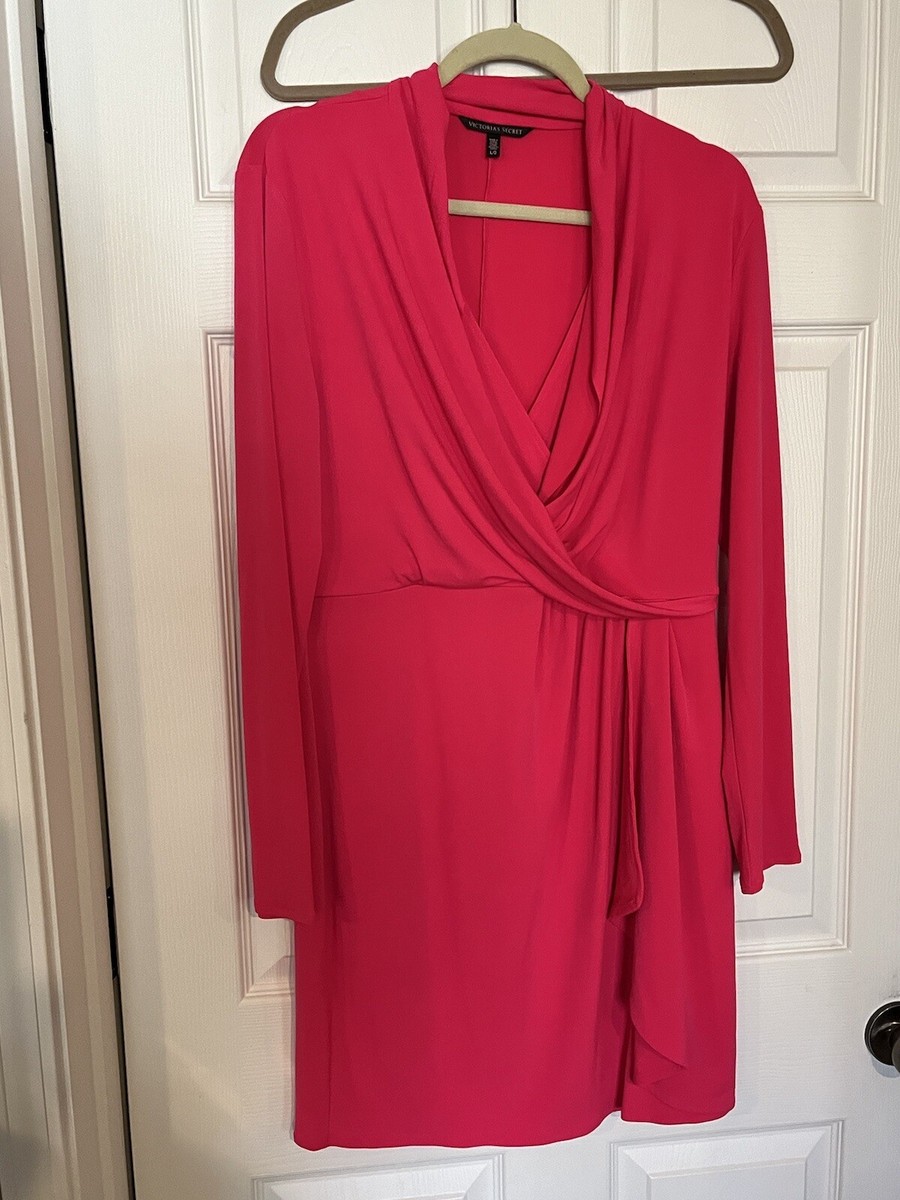 hot pink wrap dress long sleeve Victoria's Secret faux style Large Pink floral print