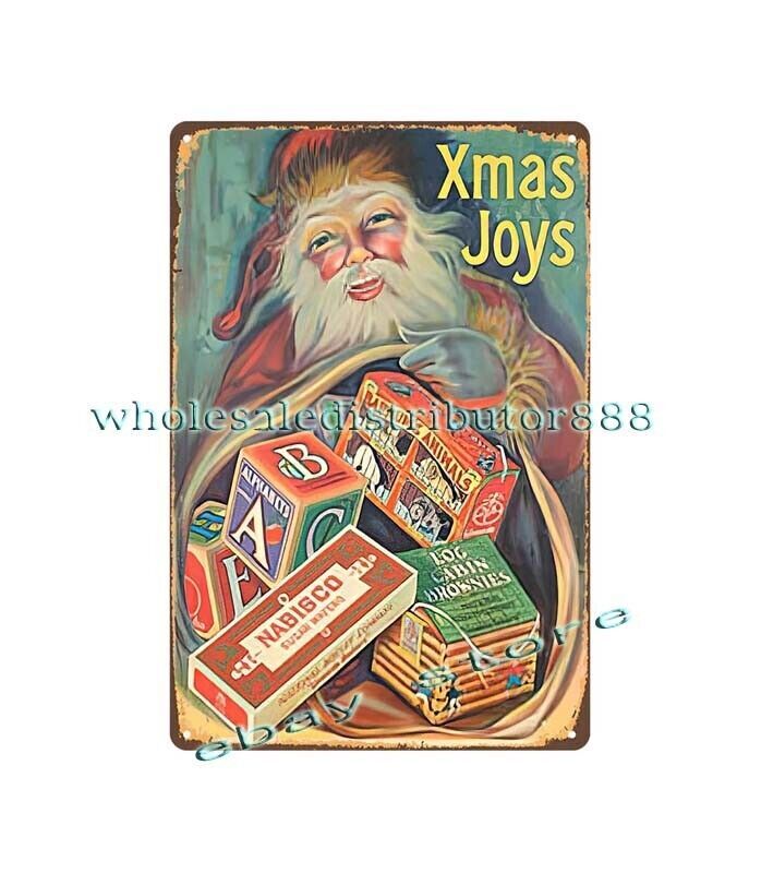 1925 biscuits cookies cracker Xmas joys Santa tin sign