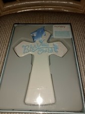 Croix de crèche en céramique, blanche avec bleu, bénisse cet enfant, 5,25 x 7,14