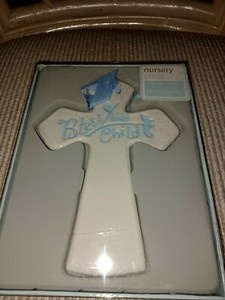 Ceramic Nursery Cross,  white with blue, Bless This Child,  5.25 x 7.14