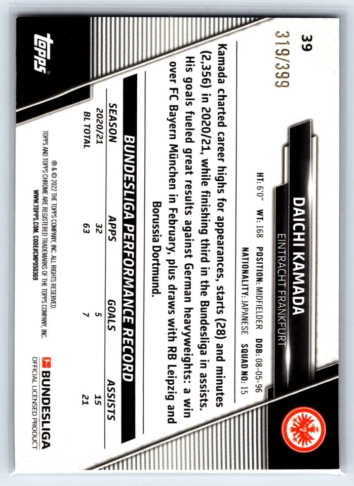 Daichi Kamada 2021-22 Topps Chrome Bundesliga Magenta Refractors SN #/399 #39 - Image 2 of 2