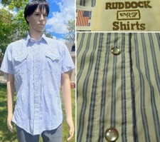 vtg 70s RUDDOCK western pearl snap shirt blue stripe no iron USA MADE men L tall