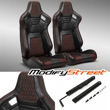2 x MAin BLACK Red Stitching PVC LEATHER L/R RACINGCAR SEATS + SLIDER