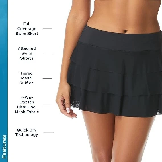 Athletic Swim Skort Ruffled Bikini Bottom Swimsuit Skirt Cadence, Black, Size 16 - Image 3 of 4