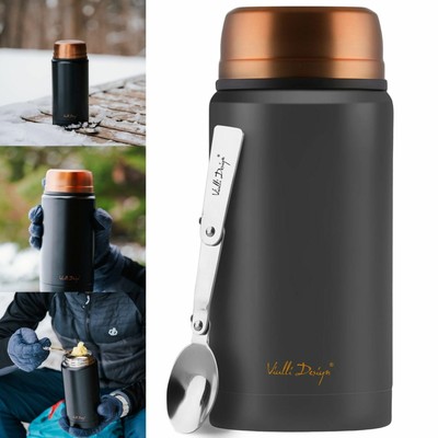 Black Thermos Vacuum Insulated Dinner Food 750ml Jar With Spoon Travel Storage