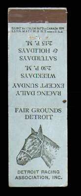 Lion Match Matchbook Cover Detroit Racing Association Fair Grounds USA   WK186