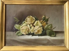 Impressionist Flower Still Life Yellow Roses Oil Painting Art Nouveau Art Deco