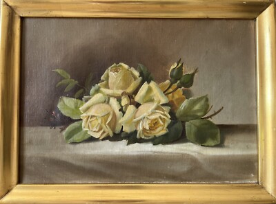 Impressionist Floral Still Life Yellow Roses Oil Painting Art Nouveau Art Deco