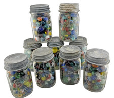 Vintage Ball Mason Jar w/ Antique Glass Marbles • Zinc Lid • Mixed Colors • 5” C