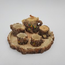 Minature Figural Tea Set Woodland Log Stumps Flowers Bitd Brown Fairy Tea Set