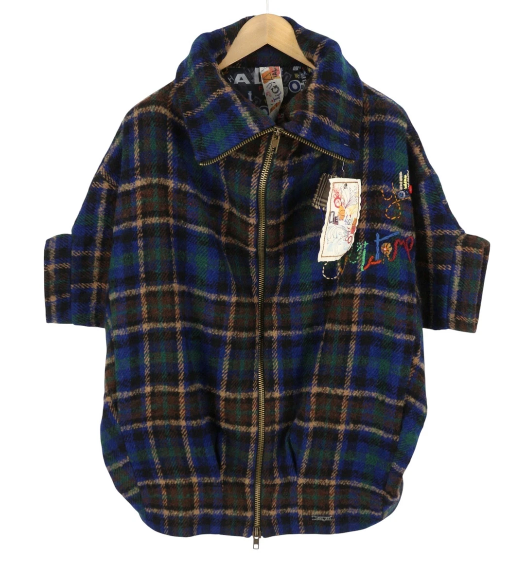 DESIGUAL Damen Mantel XL Karomuster Wollmischung 3/4 Arm Reißverschluss