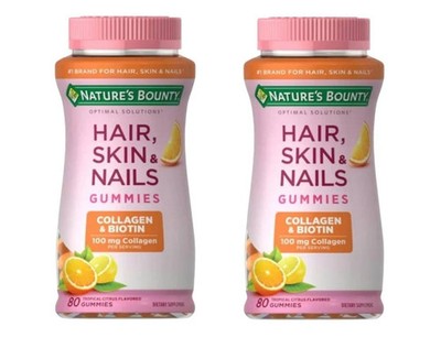 2 Pack Nature's Bounty Hair Skin & Nails Gummies 80 Ct | Biotin + Collagen 08/26