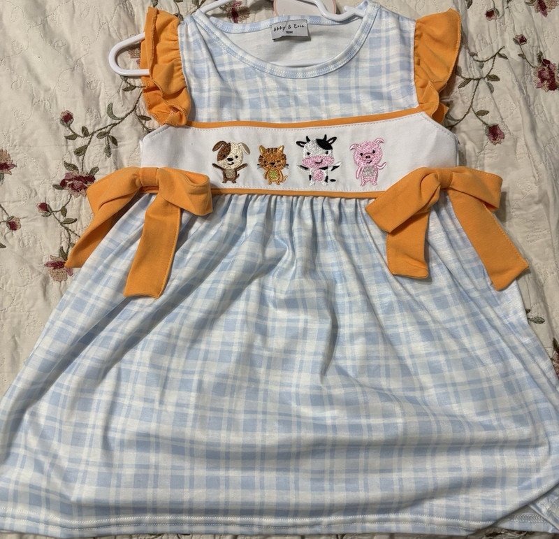 Abby & Evie Girls 18M Blue/White Gingham Smocked Farm Animals Dress Bow