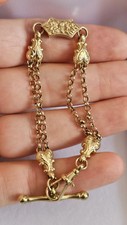 Solid 9ct Yellow Gold Double Albert Chain Bracelet with T-Bar & Dog Clip – 10.9g
