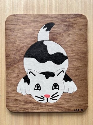 Vintage 1996 Handmade 5 Piece Wooden Tray Kitten Puzzle Rustic Wood Painted Cat