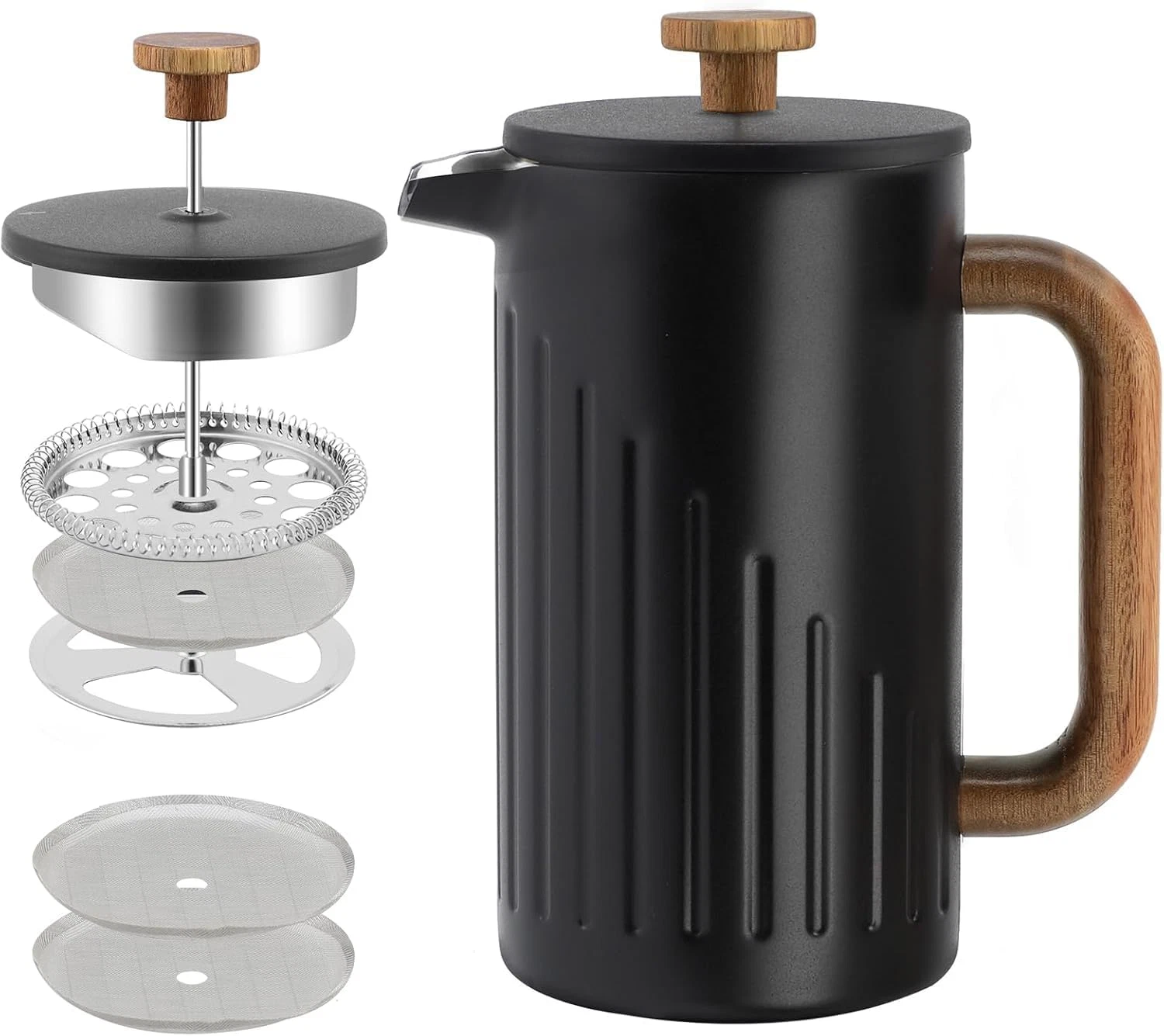 Stainless Steel French Press 34 Oz - 8 Cups, Wood Handle, 4-Level Filter