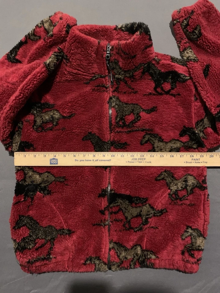 Vintage Black Mountain Fleece Jacket Kids XL 16 Red All Over Horse Full Zip 90s - Image 3 of 4