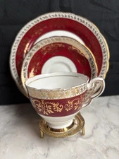 Vtg Royal Stafford Trio Teacup, Saucer, Dessert Plate Red Gold  Gilt England