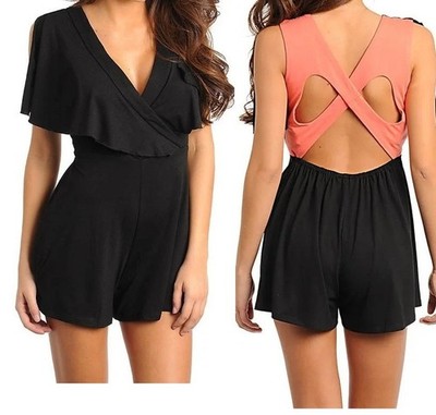 Black Coral Flutter Overlay Cut Out Open Back Shorts Romper/Jumper