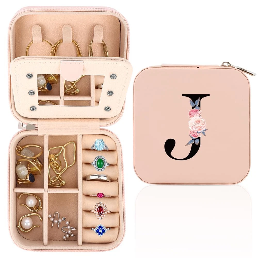 Gemism Portagioie Da Viaggio Con Specchio – Mini Organizer In Pelle PU Marrone, 10x10x5 Cm, Contiene Anelli, Collane, Orecchini E Bracciali, Chiusura A Cerniera