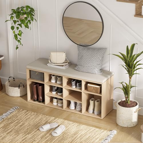 Shoe Storage Bench with Cushion, 12-Cubby Shoe Rack, Adjustable Shelves, - Picture 7 of 7
